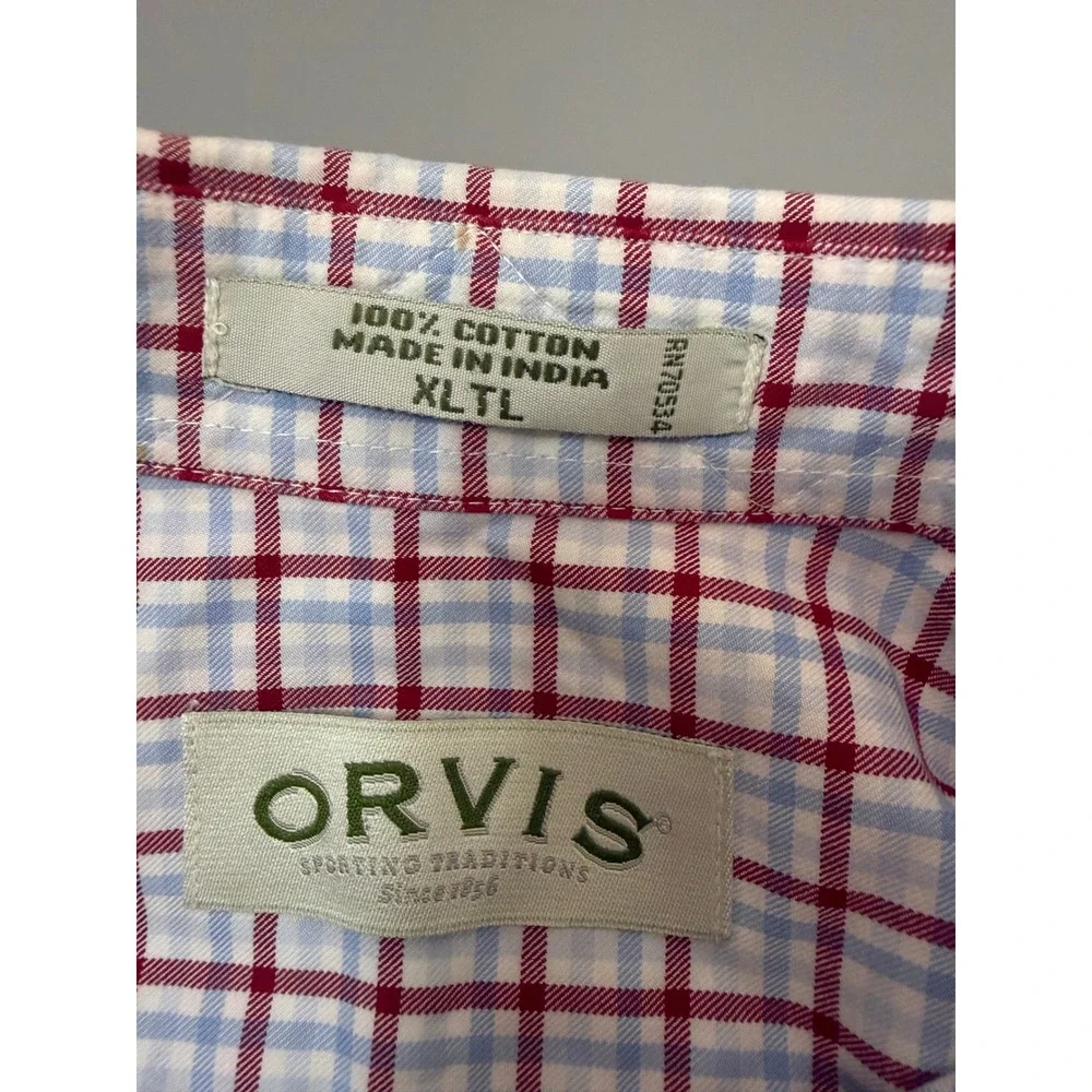 Orvis Mens XL Tall Red Blue Tattersall Plaid Button Down Cotton Shirt XLT L